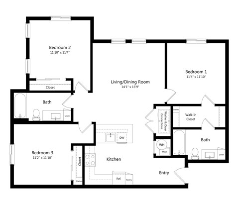 Three Bedroom Floor Plan at Carson Crossing Apartments in Austin